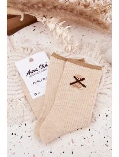 Bavlněné žebrované ponožky s medvídkem – béžové