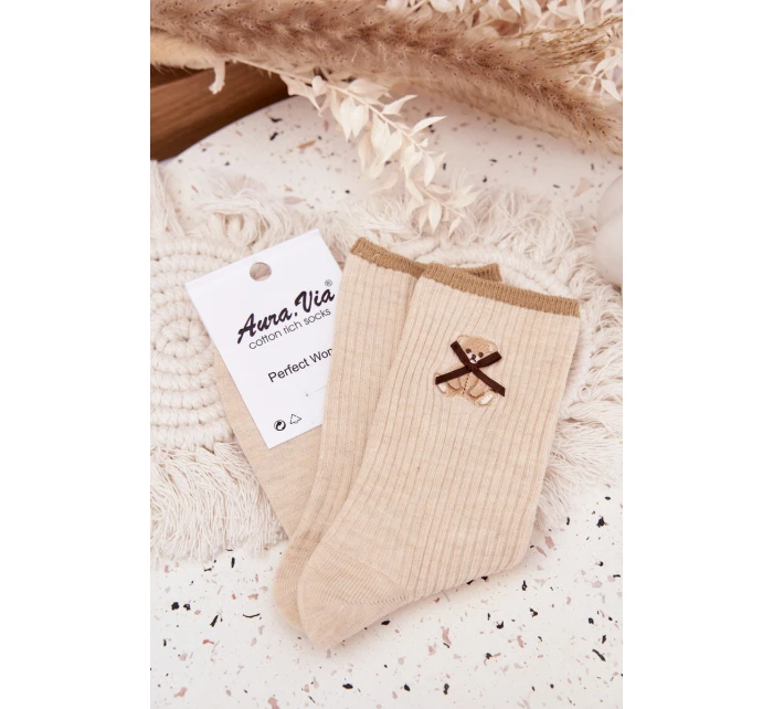 Bavlněné žebrované ponožky s medvídkem – béžové Bavlněné žebrované ponožky s medvídkem – béžové