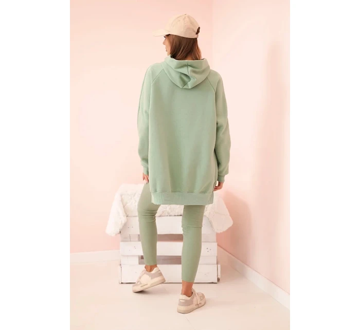 Dámská bavlněná souprava mikina s kapucí a legíny s vysokým pasem tmavá máta