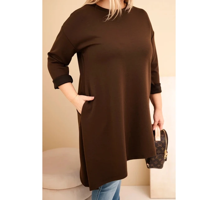 Dámská sukýnka Plus Size z viskózy s volným střihem a dlouhým rukávem hnědá Dámská sukýnka Plus Size z viskózy s volným střihem a dlouhým rukávem hnědá