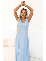 637-6 Wieczorowa długa sukienka z brokatowym akcentem i głębokim dekoltem - błękitna 637-6 Wieczorowa długa sukienka z brokatowym akcentem i głębokim dekoltem - błękitna