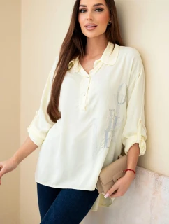 Dámská viskózová blůza s límečkem a potiskem s krystaly žlutá