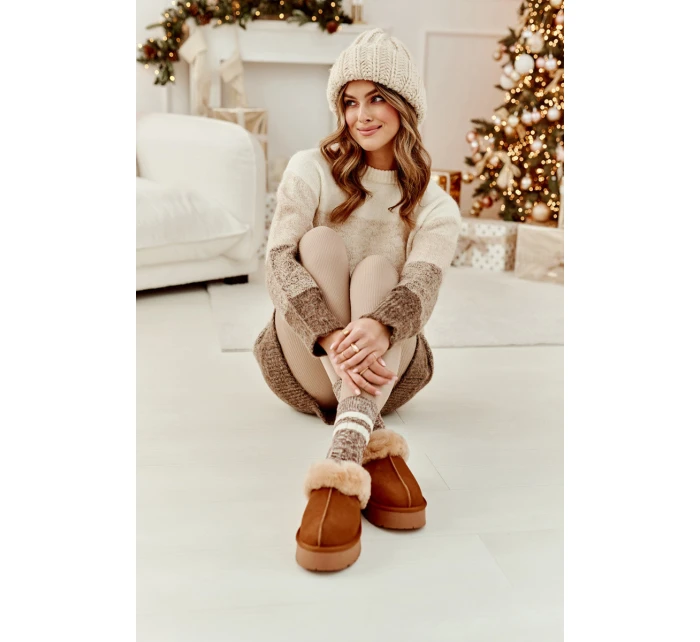 Kožené Semišové Pantofle Dámské Na Platformě S Kožíškem Camel model 21638811 - Boto