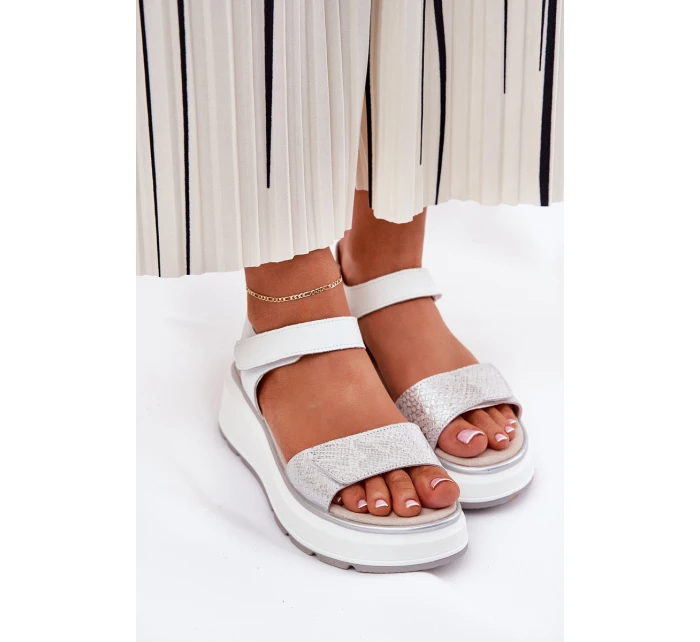 Dámské Kožené Sandály Na Platformě A Klínu Na Suchý Zip model 21690910 Stříbrné - S.Barski