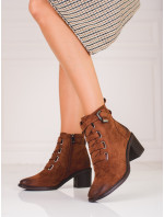 Trendy dámské  kotníčkové boty hnědé na širokém podpatku