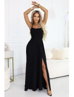 589-5 Maxi šaty bez ramínek s korzetovým zavazováním na zádech a rozparkem - černé