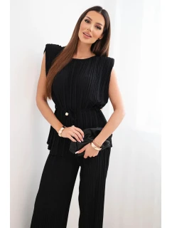 Dámský plisovaný komplet z viskózy s vázanou halenkou a širokými kalhotami černý