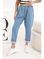 Dámské kalhoty s ohrnutou nohavicí a páskem světle džínové Dámské kalhoty s ohrnutou nohavicí a páskem světle džínové