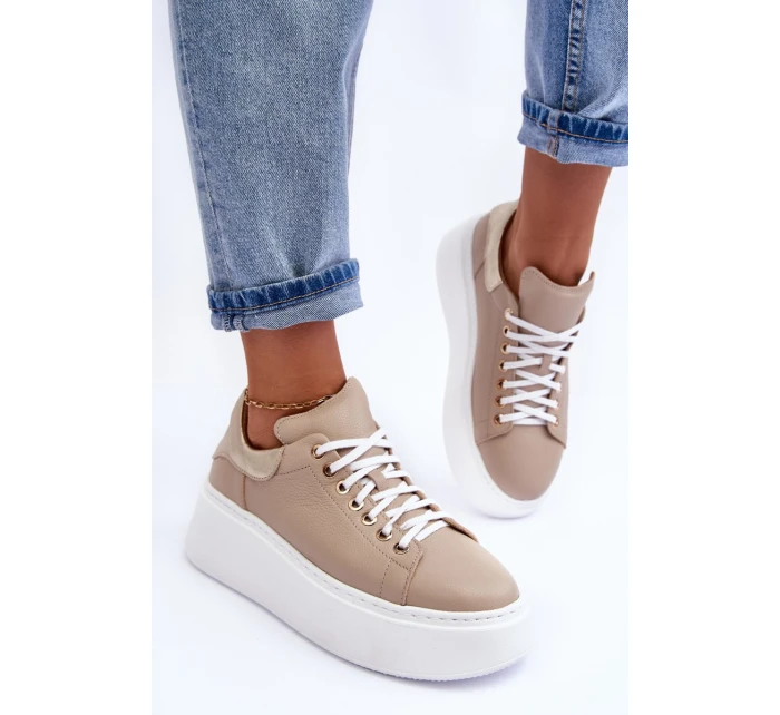 Dámské kožené sportovní boty na platformě Bežové Lemar model 21633508 - Boto Dámské kožené sportovní boty na platformě Bežové Lemar model 21633508 - Boto