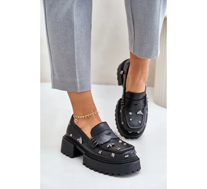 Kožené Polobotky Dámské S Ozdobami D&A Černé Kožené Polobotky Dámské S Ozdobami D&A Černé