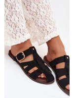 Dámské ploché nazouváky s pásky a zlatým přezkou Černé model 22032112 - Boto