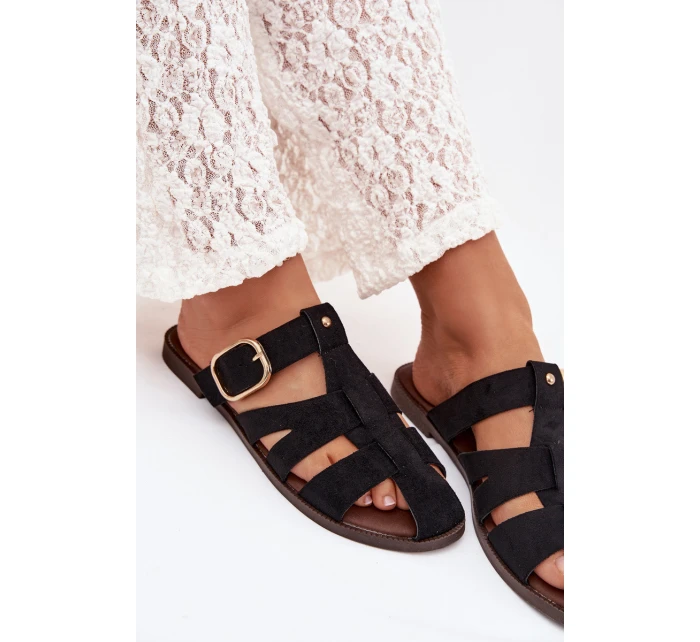 Dámské ploché nazouváky s pásky a zlatým přezkou Černé model 22032112 - Boto