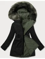 Khaki-černá teplá oboustranná dámská zimní bunda (w610)