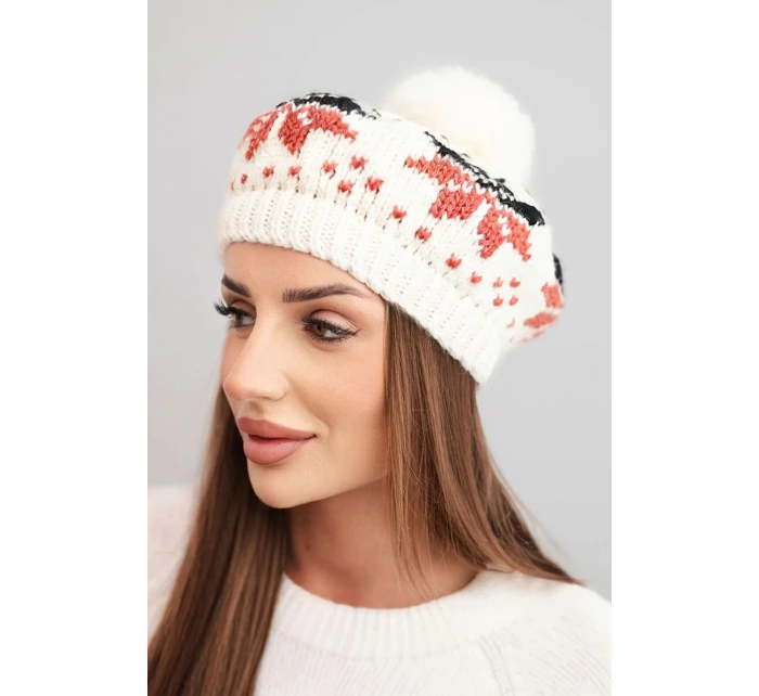Dámská zimní čepice z vlny s motivem sněhových vloček a pomponem K457 ecru