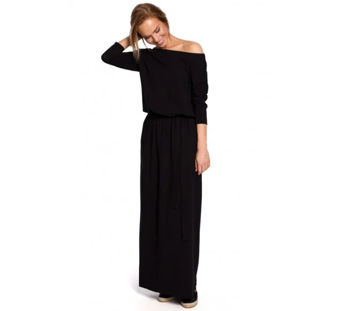 M435 Maxi bavlněné šaty s páskem na zavazování - černé