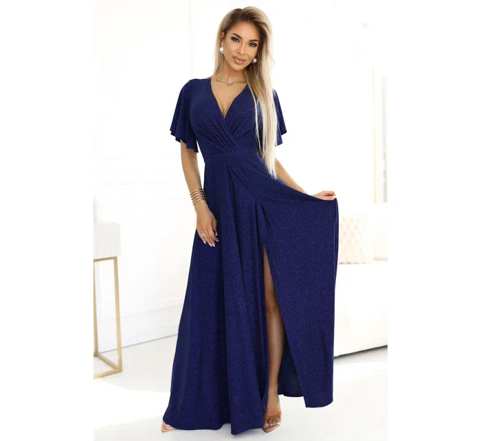 třpytivé dlouhé šaty s rukávy a výstřihem  S model 21012939 - numoco