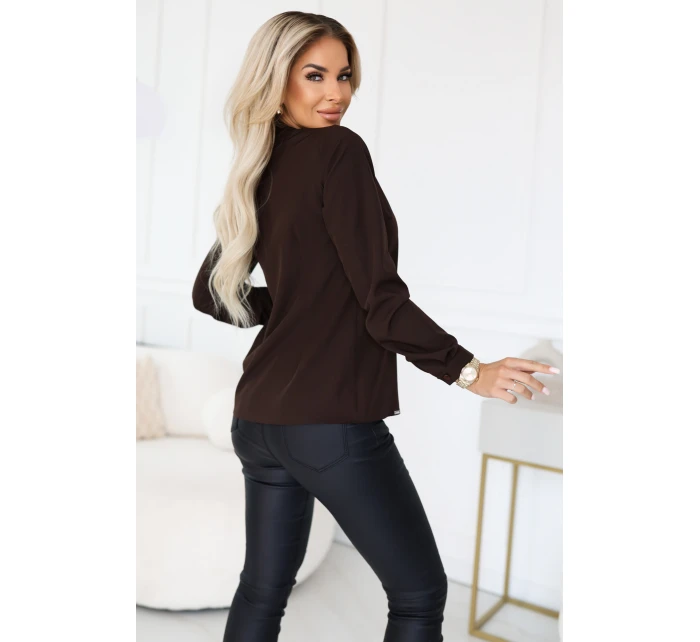 140-29 Služební halenka s dlouhým rukávem a zavazováním vpředu - čokoládová