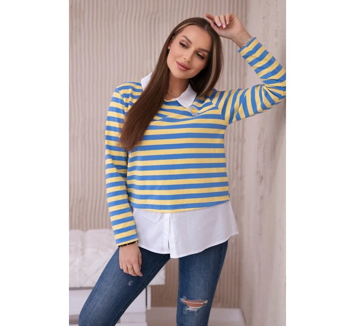 Pruhovaná bavlněná halenka s límečkem džínovina+žlutá