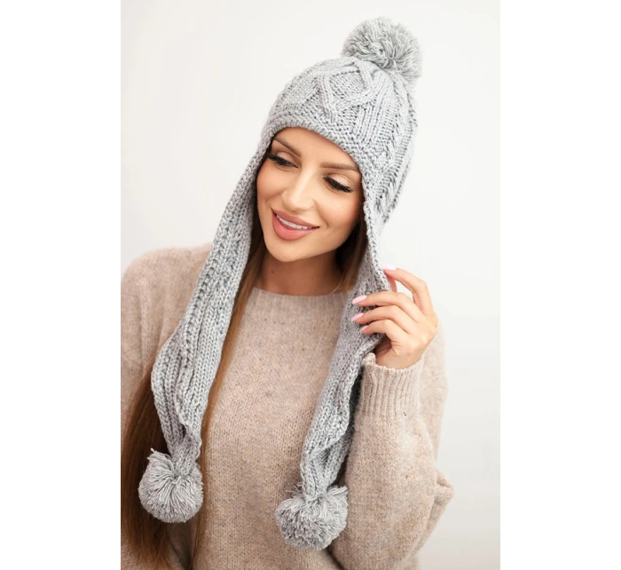 Dámská zimní čepice z vlny s bambulemi a prodlouženými stranami K448 šedá