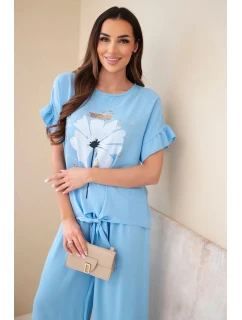Dámský viskózový komplet s halenkou s potiskem a kalhotami modrý
