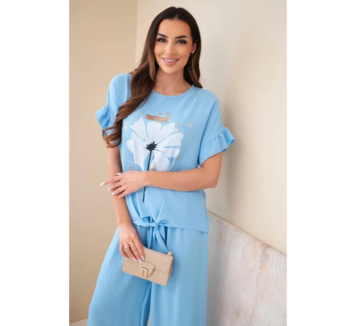 Dámský viskózový komplet s halenkou s potiskem a kalhotami modrý