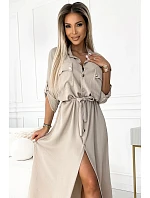 Midi šaty se zlatými knoflíky model 22260589 béžové - numoco