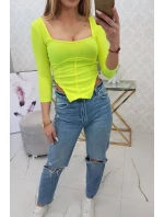 Žebrovaná halenka s výstřihem žlutá neonová