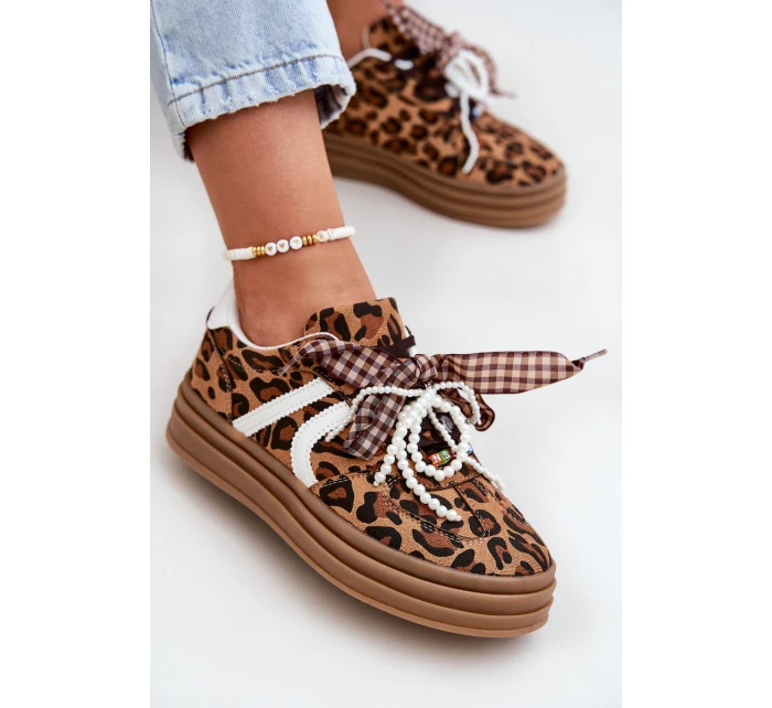 Dámské tenisky na platformě s ozdobami v panterovém vzoru hnědé Vinness Dámské tenisky na platformě s ozdobami v panterovém vzoru hnědé Vinness