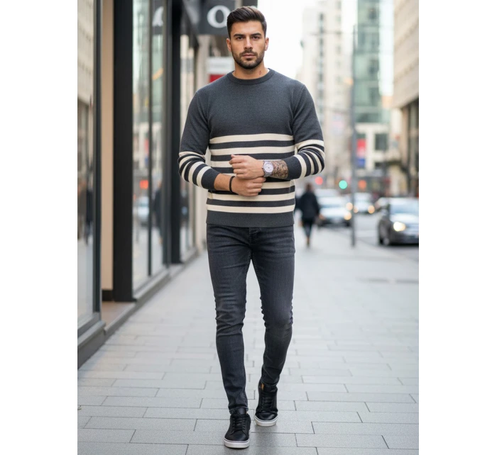 Pánský tmavě šedý pruhovaný svetr FashionStreet WX2133