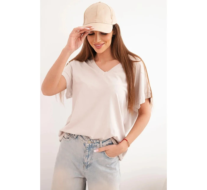 Dámská bavlněná halenka s výstřihem do V a krátkým rukávem béžová