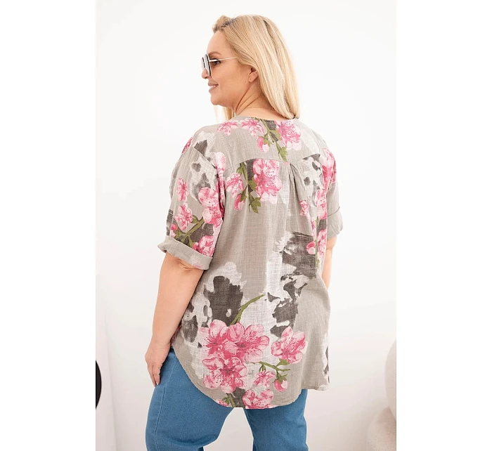Dámská bavlněná halenka ve velikosti Plus s výstřihem do V v květinovém vzoru fango