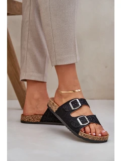 Textilní Pantofle Na Korkové Podešvi S Přezkami Černé Atera