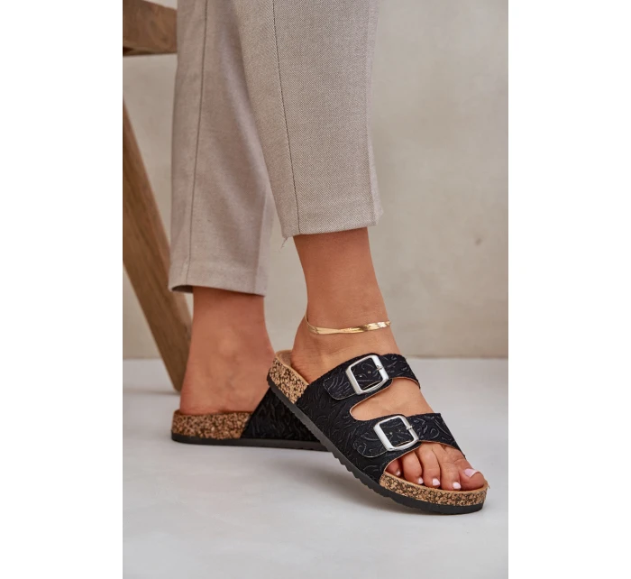 Textilní Pantofle Na Korkové Podešvi S Přezkami Černé Atera Textilní Pantofle Na Korkové Podešvi S Přezkami Černé Atera