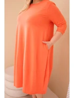 Dámská bavlněná šaty Plus Size s ohrnovacími rukávy a kapsami meruňková