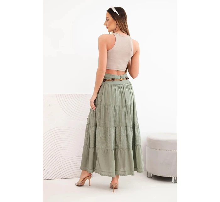 Dámská maxi bavlněná sukně s model 22048759 výšivkou a elastickým pasem khaki - K-Fashion