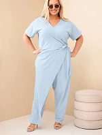 Dámský bavlněný overal Plus Size se zavazováním v pase modrý
