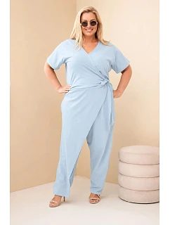 Dámský bavlněný overal Plus Size se zavazováním v pase modrý
