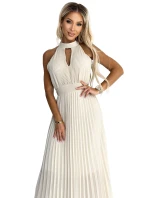 Béžové plisované dámské midi šaty s ve tvaru ve výstřihu model 22064814 - numoco basic Béžové plisované dámské midi šaty s ve tvaru ve výstřihu model 22064814 - numoco basic