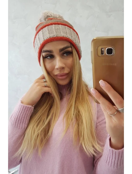 Dámská čepice Kinga K297 beige+mocca+red Dámská čepice Kinga K297 beige+mocca+red
