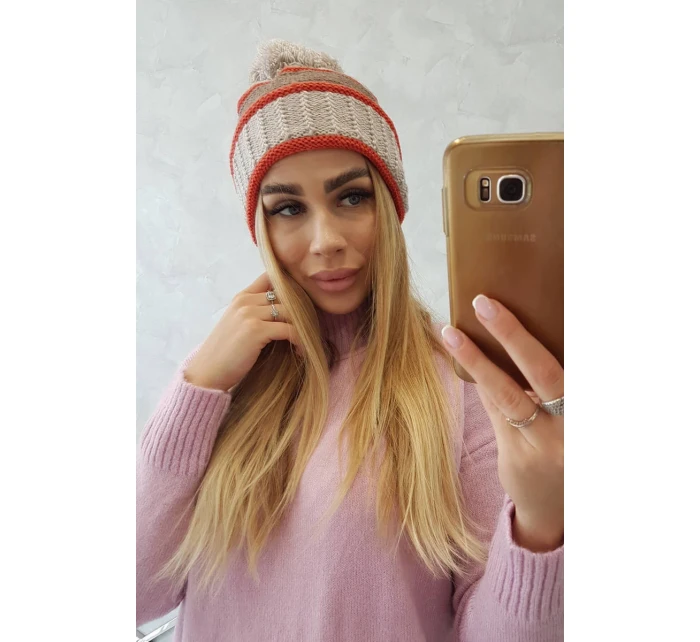 Dámská čepice Kinga K297 beige+mocca+red Dámská čepice Kinga K297 beige+mocca+red