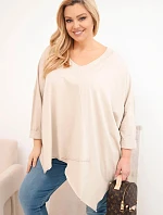 Dámská bavlněná blůza Plus Size s asymetrickým spodním lemem a V výstřihem béžová