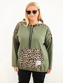 Dámská mikina Plus Size viskózová s kapucí a leopardími vložkami khaki