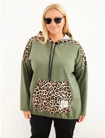 Dámská mikina Plus Size viskózová s kapucí a leopardími vložkami khaki