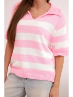 Dámský pruhovaný svetr s límečkem a krátkým rukávem růžový jasný