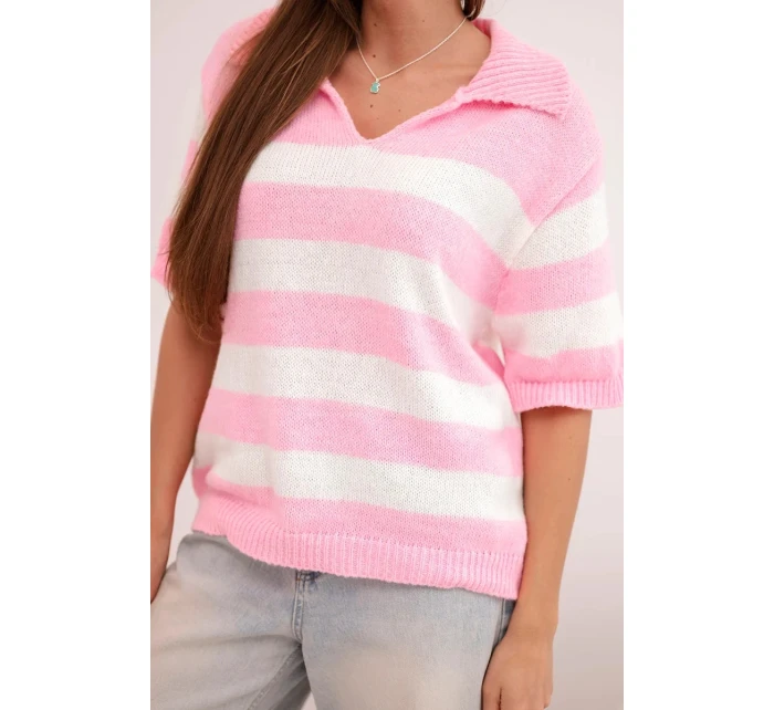 Dámský pruhovaný svetr s límečkem a krátkým rukávem růžový jasný
