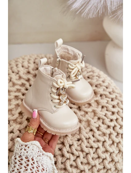 Zateplené dětské boty s medvídkem na zip béžové model 21678623 - Boto