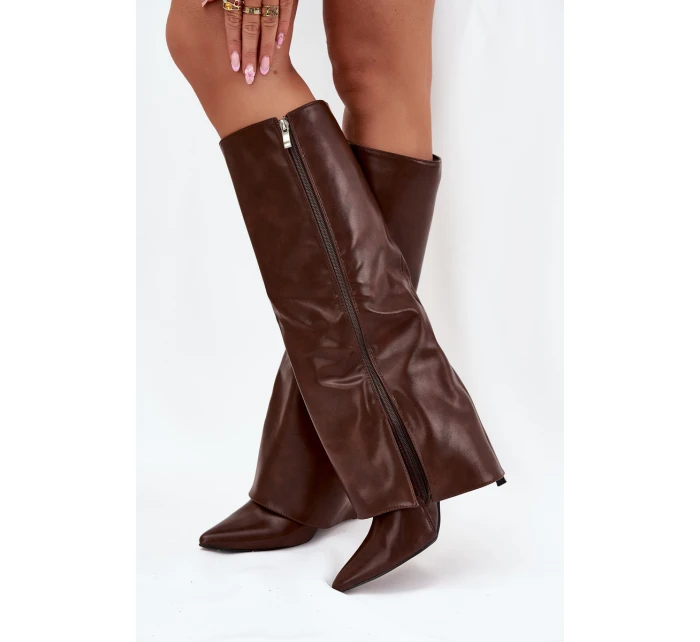 Zateplené Kozačky Na Jehlovém Podpatku S Svrškem Čokoládové model 21704865 - Boto
