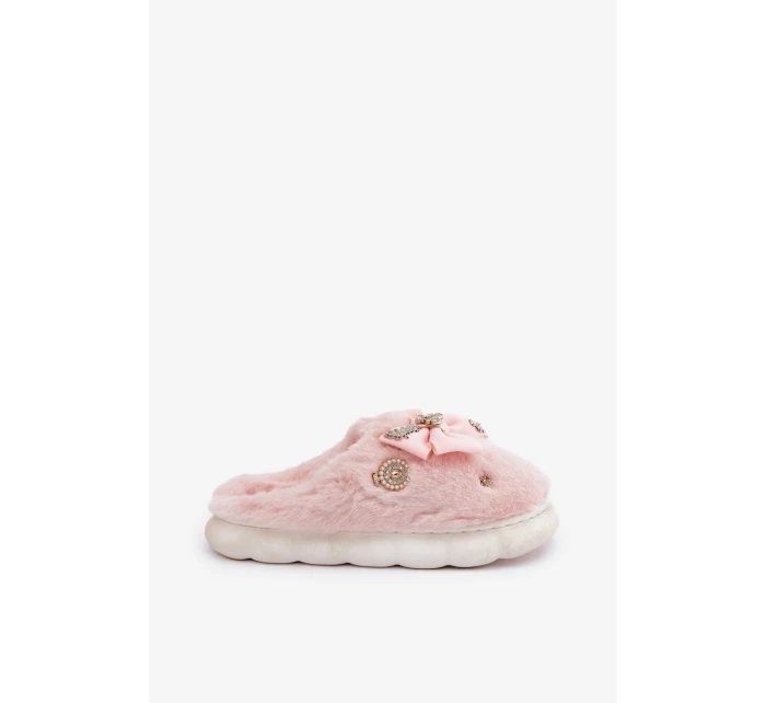 Futrzané Pantofle S Mašlí A Brožemi Růžové Annalira
