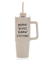 PRÁCE NEUTEČE, KÁVA VYSTYDNE! - béžový cestovní termohrnek s průhledným víčkem 900 ml