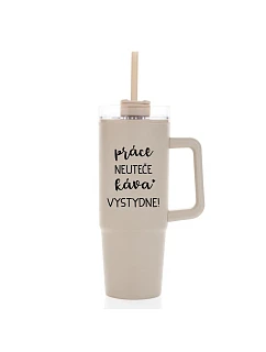 PRÁCE NEUTEČE, KÁVA VYSTYDNE! - béžový cestovní termohrnek s průhledným víčkem 900 ml